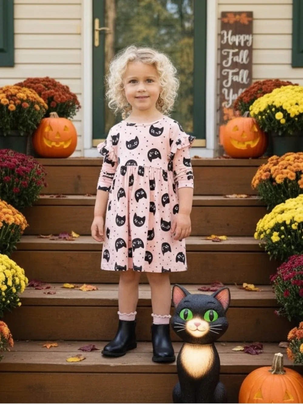 Cat & Jack Black Cat Print Fit & Flare Knee Length Ruffle Long Sleeve Dress 5T